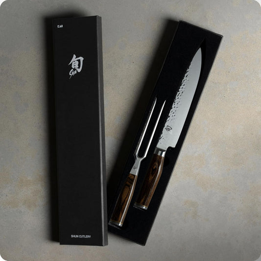 Premier 2 Piece Carving Set | Includes 9.5" Premier Slicing Knife and Carving Fork, VG-MAX Core, Damascus Stainless Steel Cladding, Pakkawood Handle