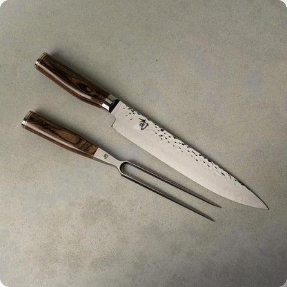 Premier 2 Piece Carving Set | Includes 9.5" Premier Slicing Knife and Carving Fork, VG-MAX Core, Damascus Stainless Steel Cladding, Pakkawood Handle