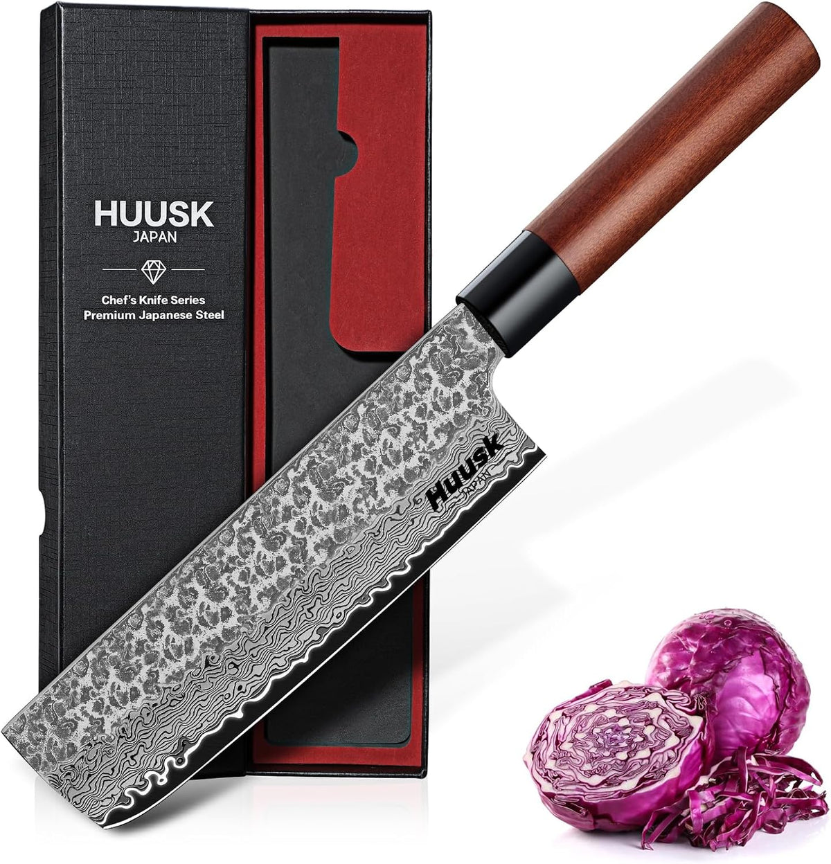 Huusk Japanese Nakiri Knife 7-Inch - Meat Cleaver Vegetable Chopping Knife | Hand Forged VG10 Damascus, Chef Knives with Rosewood Handle, Japanese Kitchen Knives for Cooking, Gifts for Men