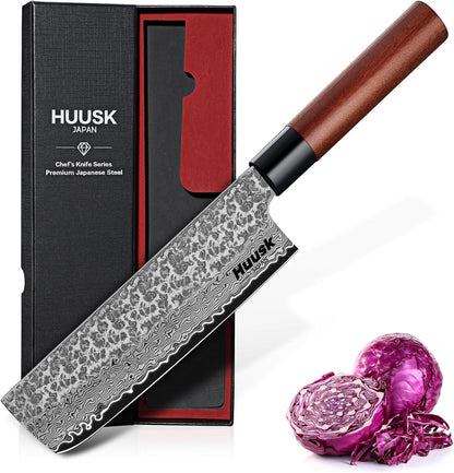 Huusk Japanese Nakiri Knife 7-Inch - Meat Cleaver Vegetable Chopping Knife | Hand Forged VG10 Damascus, Chef Knives with Rosewood Handle, Japanese Kitchen Knives for Cooking, Gifts for Men