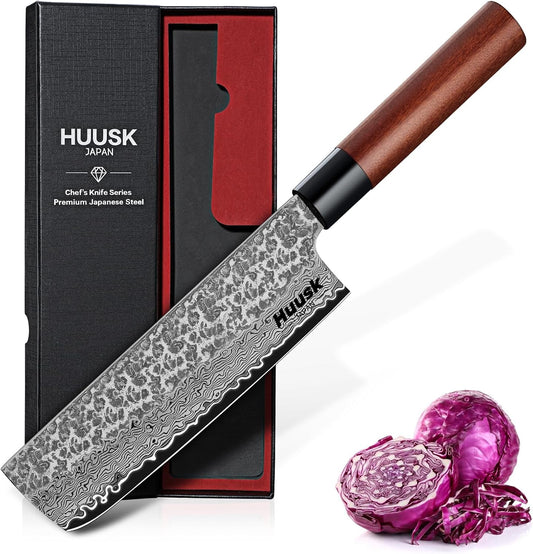 Huusk Japanese Nakiri Knife 7-Inch - Meat Cleaver Vegetable Chopping Knife | Hand Forged VG10 Damascus, Chef Knives with Rosewood Handle, Japanese Kitchen Knives for Cooking, Gifts for Men