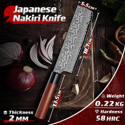 Huusk Japanese Nakiri Knife 7-Inch - Meat Cleaver Vegetable Chopping Knife | Hand Forged VG10 Damascus, Chef Knives with Rosewood Handle, Japanese Kitchen Knives for Cooking, Gifts for Men