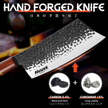 Huusk Japanese Nakiri Knife 7-Inch - Meat Cleaver Vegetable Chopping Knife | Hand Forged VG10 Damascus, Chef Knives with Rosewood Handle, Japanese Kitchen Knives for Cooking, Gifts for Men