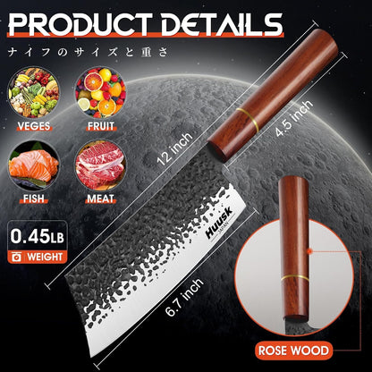 Huusk Japanese Nakiri Knife 7-Inch - Meat Cleaver Vegetable Chopping Knife | Hand Forged VG10 Damascus, Chef Knives with Rosewood Handle, Japanese Kitchen Knives for Cooking, Gifts for Men