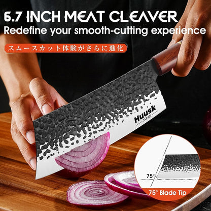 Huusk Japanese Nakiri Knife 7-Inch - Meat Cleaver Vegetable Chopping Knife | Hand Forged VG10 Damascus, Chef Knives with Rosewood Handle, Japanese Kitchen Knives for Cooking, Gifts for Men