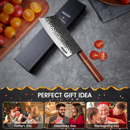 Huusk Japanese Nakiri Knife 7-Inch - Meat Cleaver Vegetable Chopping Knife | Hand Forged VG10 Damascus, Chef Knives with Rosewood Handle, Japanese Kitchen Knives for Cooking, Gifts for Men