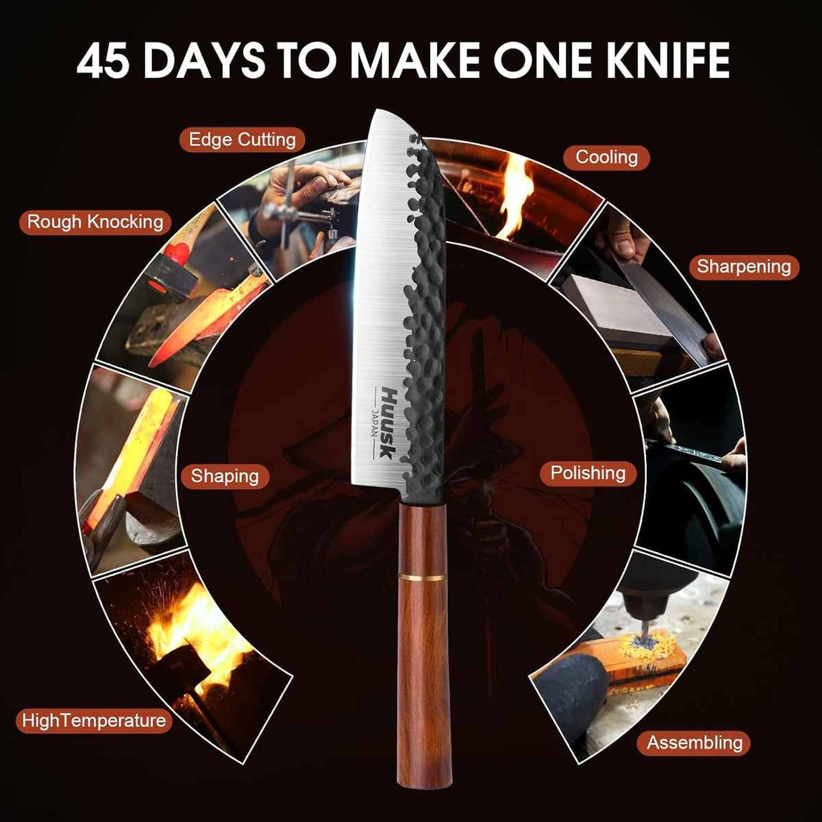Huusk Japanese Nakiri Knife 7-Inch - Meat Cleaver Vegetable Chopping Knife | Hand Forged VG10 Damascus, Chef Knives with Rosewood Handle, Japanese Kitchen Knives for Cooking, Gifts for Men