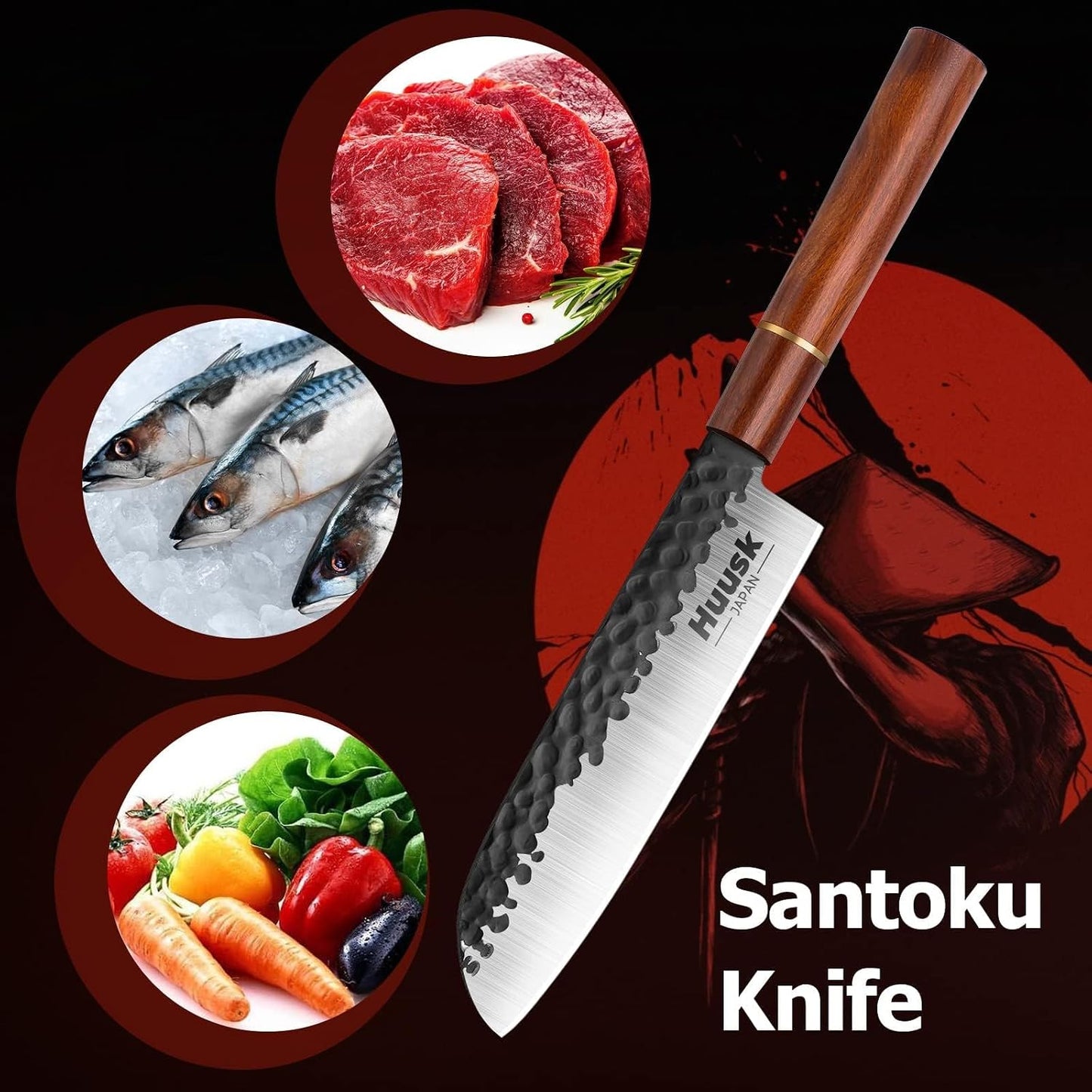 Huusk Japanese Nakiri Knife 7-Inch - Meat Cleaver Vegetable Chopping Knife | Hand Forged VG10 Damascus, Chef Knives with Rosewood Handle, Japanese Kitchen Knives for Cooking, Gifts for Men