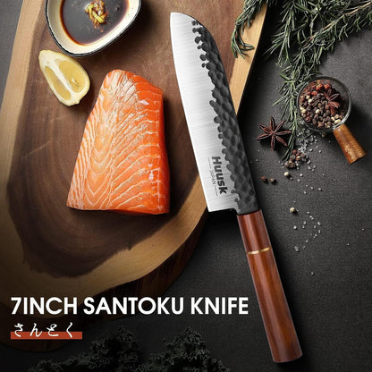 Huusk Japanese Nakiri Knife 7-Inch - Meat Cleaver Vegetable Chopping Knife | Hand Forged VG10 Damascus, Chef Knives with Rosewood Handle, Japanese Kitchen Knives for Cooking, Gifts for Men