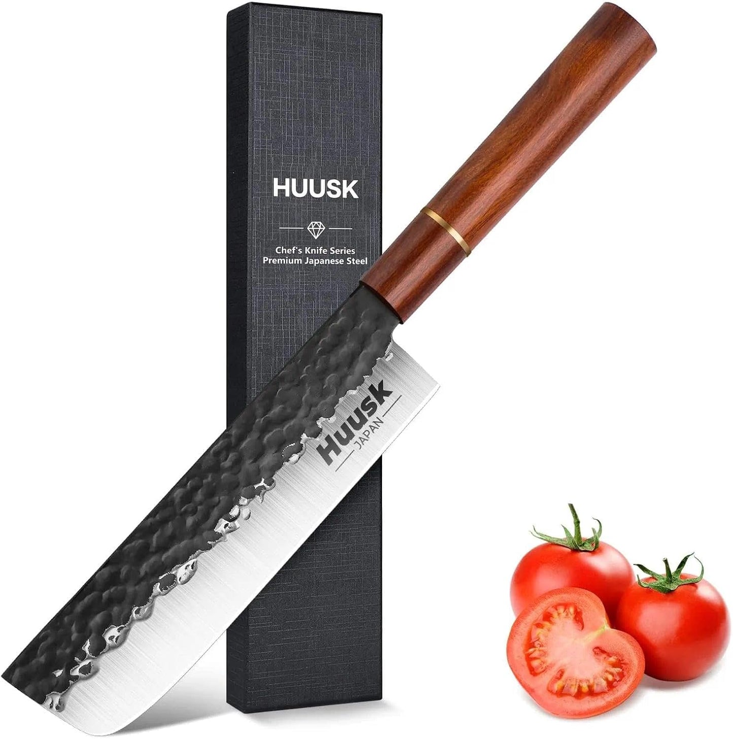 Huusk Japanese Nakiri Knife 7-Inch - Meat Cleaver Vegetable Chopping Knife | Hand Forged VG10 Damascus, Chef Knives with Rosewood Handle, Japanese Kitchen Knives for Cooking, Gifts for Men