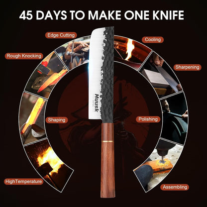 Huusk Japanese Nakiri Knife 7-Inch - Meat Cleaver Vegetable Chopping Knife | Hand Forged VG10 Damascus, Chef Knives with Rosewood Handle, Japanese Kitchen Knives for Cooking, Gifts for Men