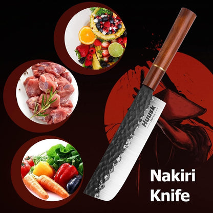 Huusk Japanese Nakiri Knife 7-Inch - Meat Cleaver Vegetable Chopping Knife | Hand Forged VG10 Damascus, Chef Knives with Rosewood Handle, Japanese Kitchen Knives for Cooking, Gifts for Men