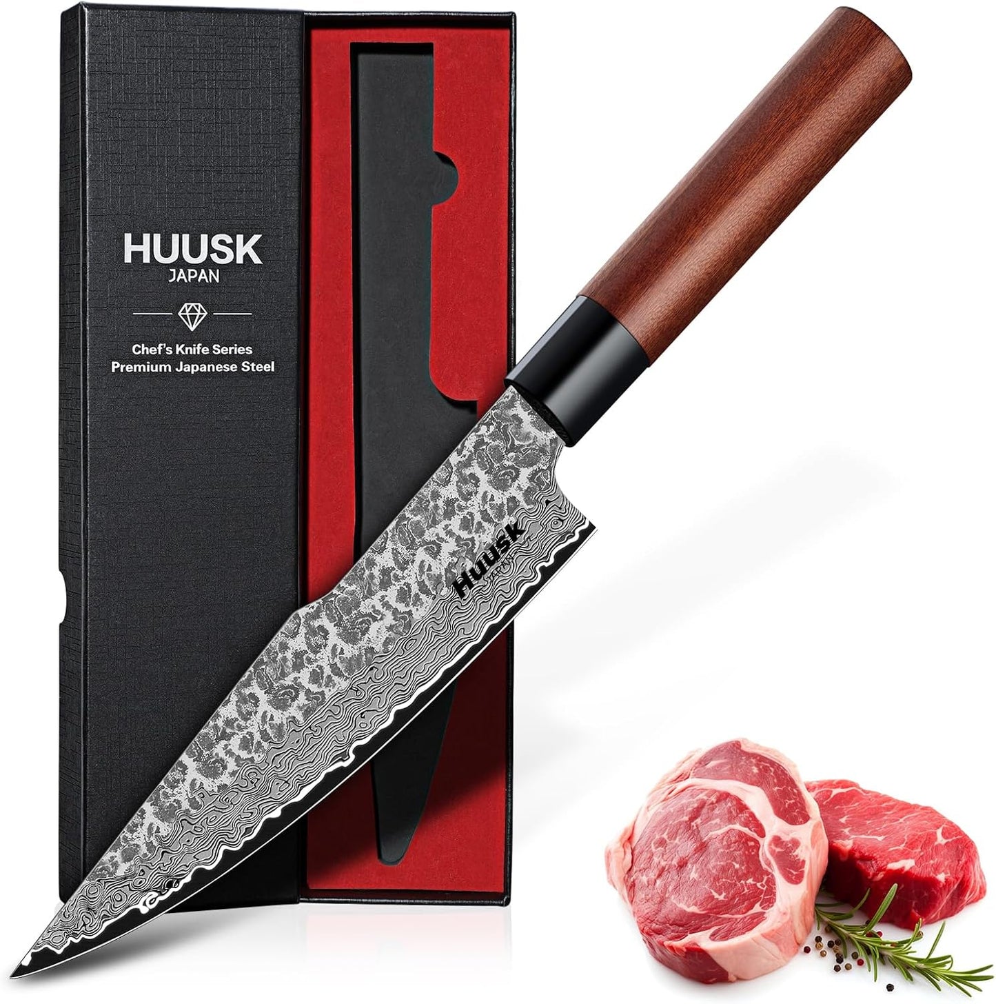 Huusk Japanese Nakiri Knife 7-Inch - Meat Cleaver Vegetable Chopping Knife | Hand Forged VG10 Damascus, Chef Knives with Rosewood Handle, Japanese Kitchen Knives for Cooking, Gifts for Men