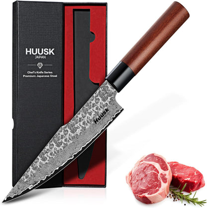 Huusk Japanese Nakiri Knife 7-Inch - Meat Cleaver Vegetable Chopping Knife | Hand Forged VG10 Damascus, Chef Knives with Rosewood Handle, Japanese Kitchen Knives for Cooking, Gifts for Men