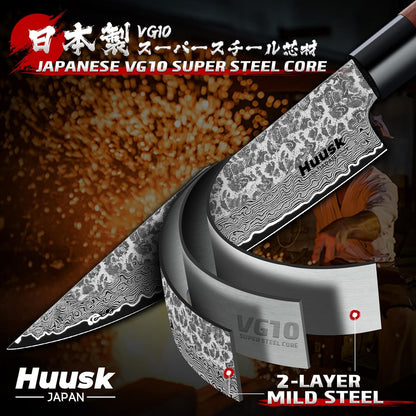 Huusk Japanese Nakiri Knife 7-Inch - Meat Cleaver Vegetable Chopping Knife | Hand Forged VG10 Damascus, Chef Knives with Rosewood Handle, Japanese Kitchen Knives for Cooking, Gifts for Men