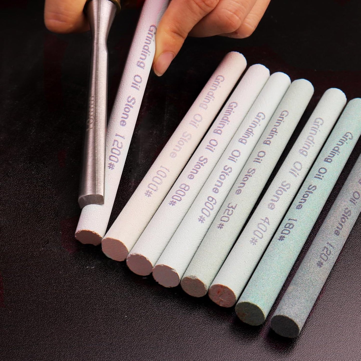9pcs Round Green Carbon Sharpening Stone 120#-1200# Honing Sticks Set, Green Silicon Carbide Whetstone Kit for Moldel, Metal & Cutting Tools (Round 150mm*12mm)