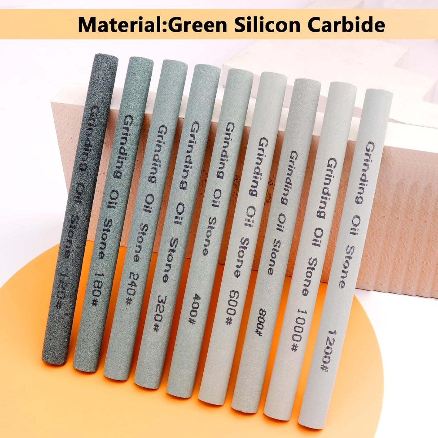9pcs Round Green Carbon Sharpening Stone 120#-1200# Honing Sticks Set, Green Silicon Carbide Whetstone Kit for Moldel, Metal & Cutting Tools (Round 150mm*12mm)