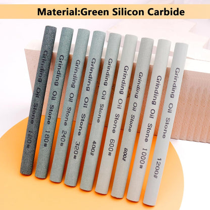 9pcs Round Green Carbon Sharpening Stone 120#-1200# Honing Sticks Set, Green Silicon Carbide Whetstone Kit for Moldel, Metal & Cutting Tools (Round 150mm*12mm)