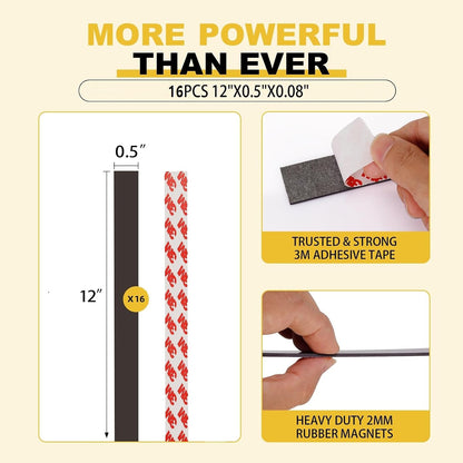 16 Feet Magnetic Strips with Adhesive Backing,Magnets Tape for Crafts,Flat Package (16 PCS 0.5X12") Strong Sticky Magnets