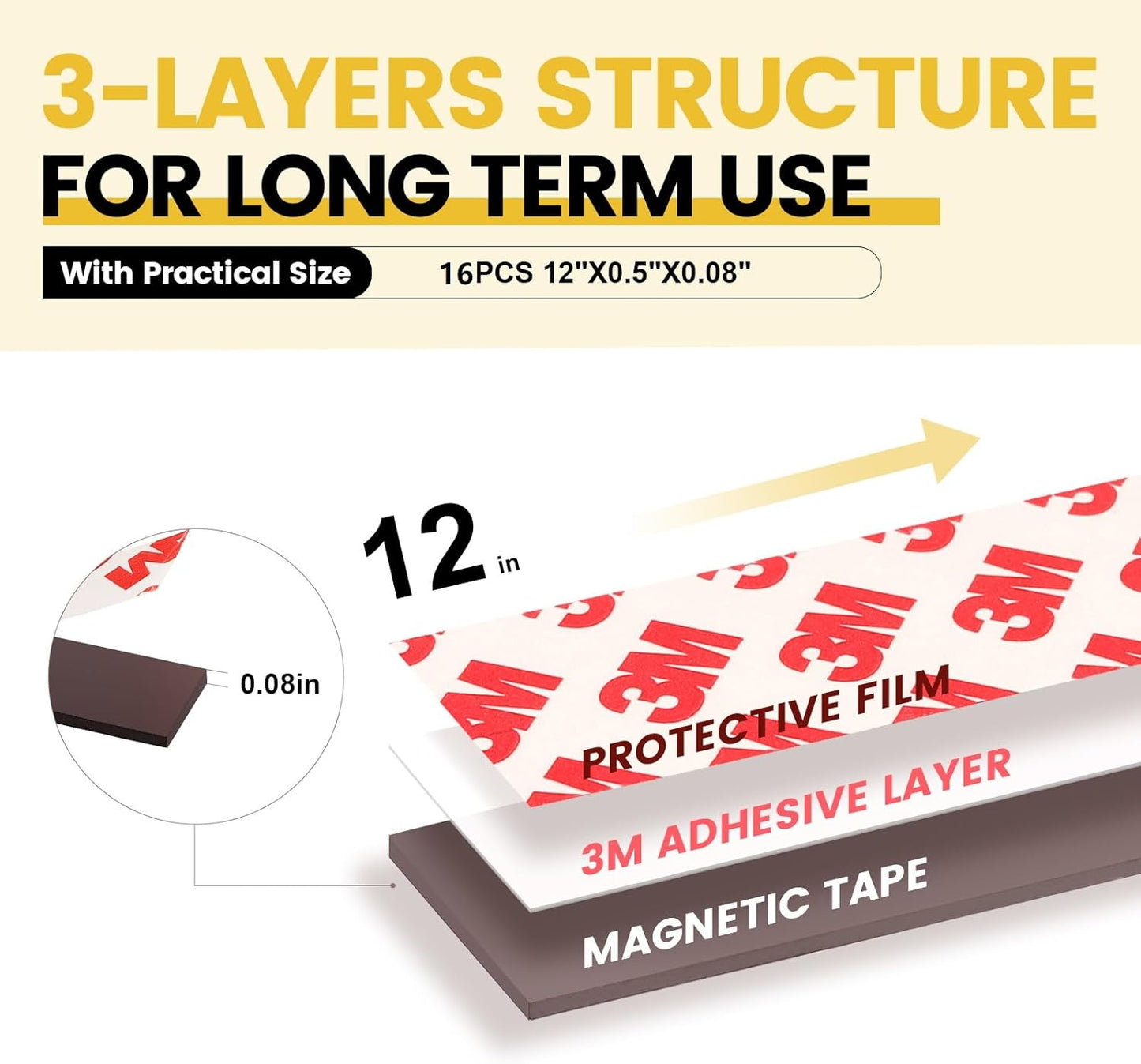 16 Feet Magnetic Strips with Adhesive Backing,Magnets Tape for Crafts,Flat Package (16 PCS 0.5X12") Strong Sticky Magnets