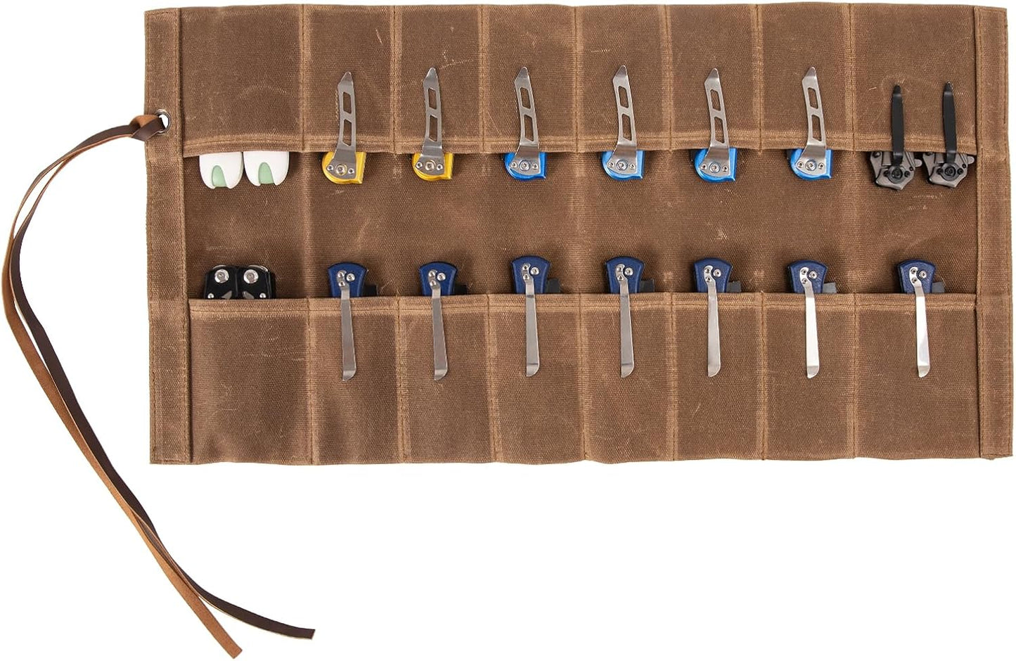 pocket knife storage, Knife Display Bag, with 16 Slots Pocket Knives Folding Knife Holder Organizer, pocket knife roll Collection Protector Bag, Tactical Outdoor for EDC Mini Knife Bags(Khaki)
