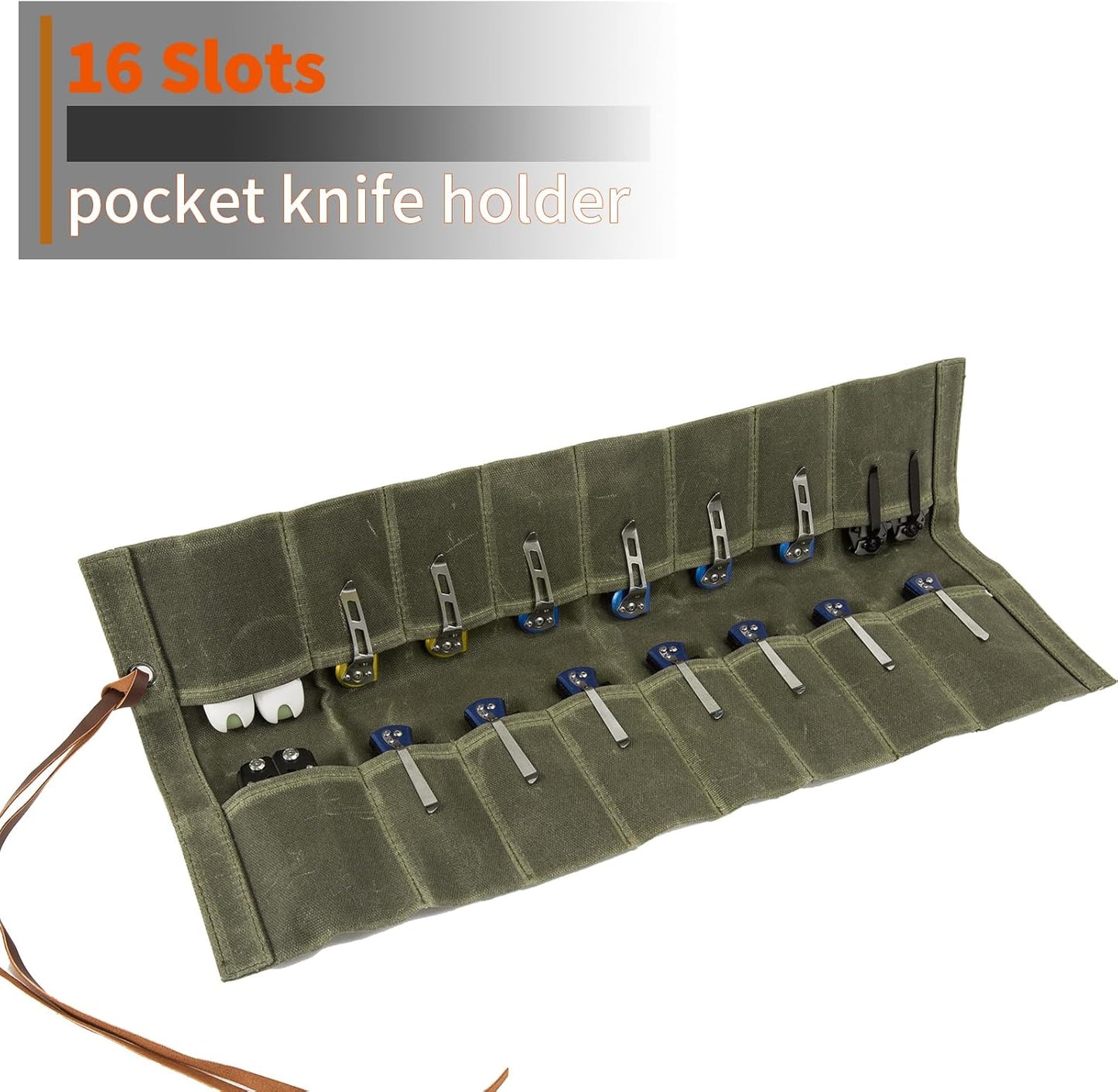 pocket knife storage, Knife Display Bag, with 16 Slots Pocket Knives Folding Knife Holder Organizer, pocket knife roll Collection Protector Bag, Tactical Outdoor for EDC Mini Knife Bags(Khaki)
