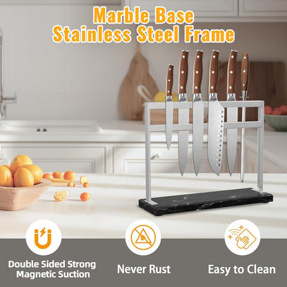 Marble Base Magnetic Knife Block without Knives, Stainless Steel Magnetic Knife Holder for Countertop, Double-sided Magnetic Knife Stand for Kitchen Knife Storage, 12 IN, Black