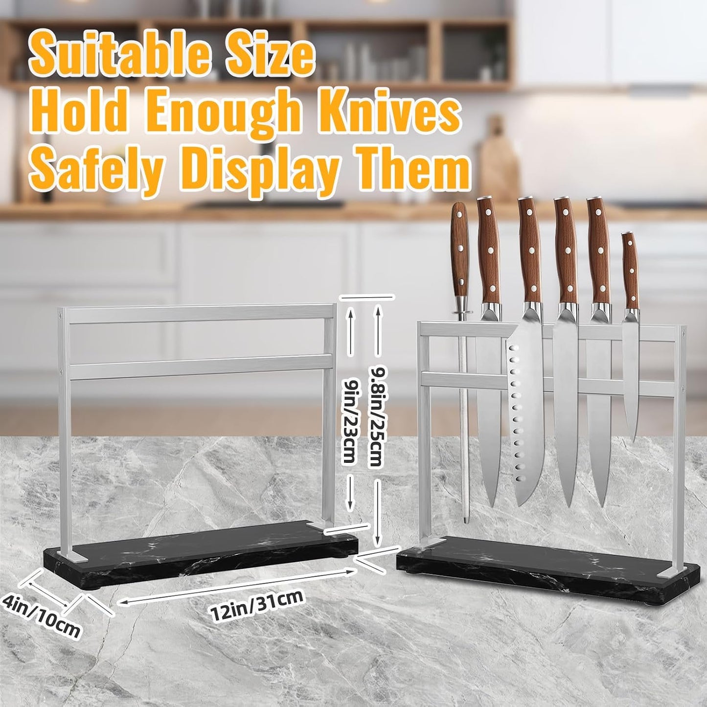 Marble Base Magnetic Knife Block without Knives, Stainless Steel Magnetic Knife Holder for Countertop, Double-sided Magnetic Knife Stand for Kitchen Knife Storage, 12 IN, Black