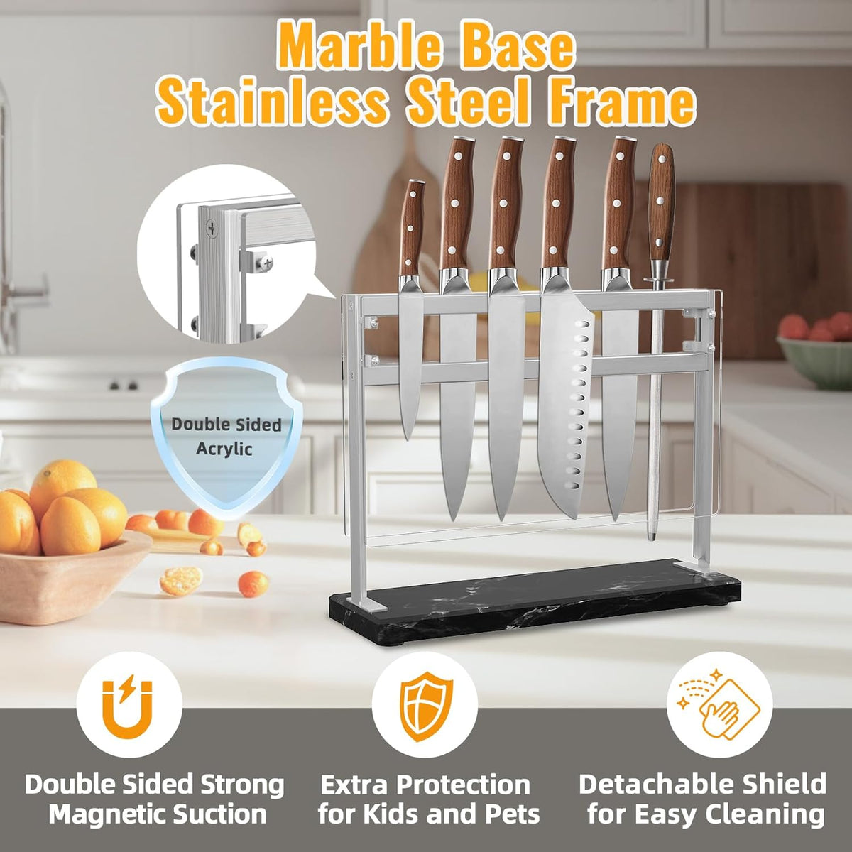 Marble Base Magnetic Knife Block without Knives, Stainless Steel Magnetic Knife Holder for Countertop, Double-sided Magnetic Knife Stand for Kitchen Knife Storage, 12 IN, Black