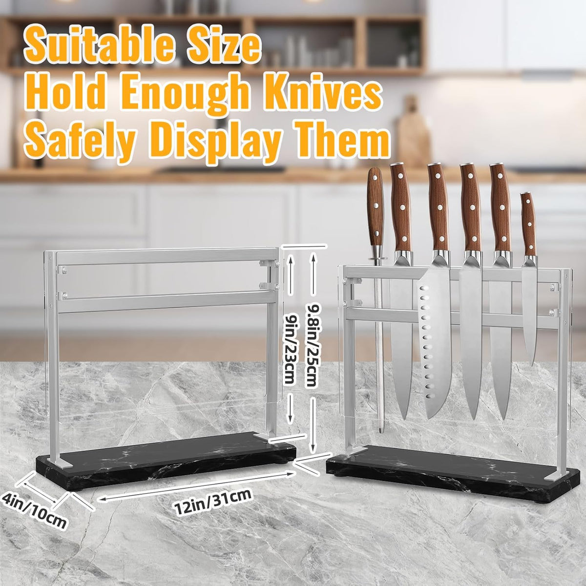 Marble Base Magnetic Knife Block without Knives, Stainless Steel Magnetic Knife Holder for Countertop, Double-sided Magnetic Knife Stand for Kitchen Knife Storage, 12 IN, Black
