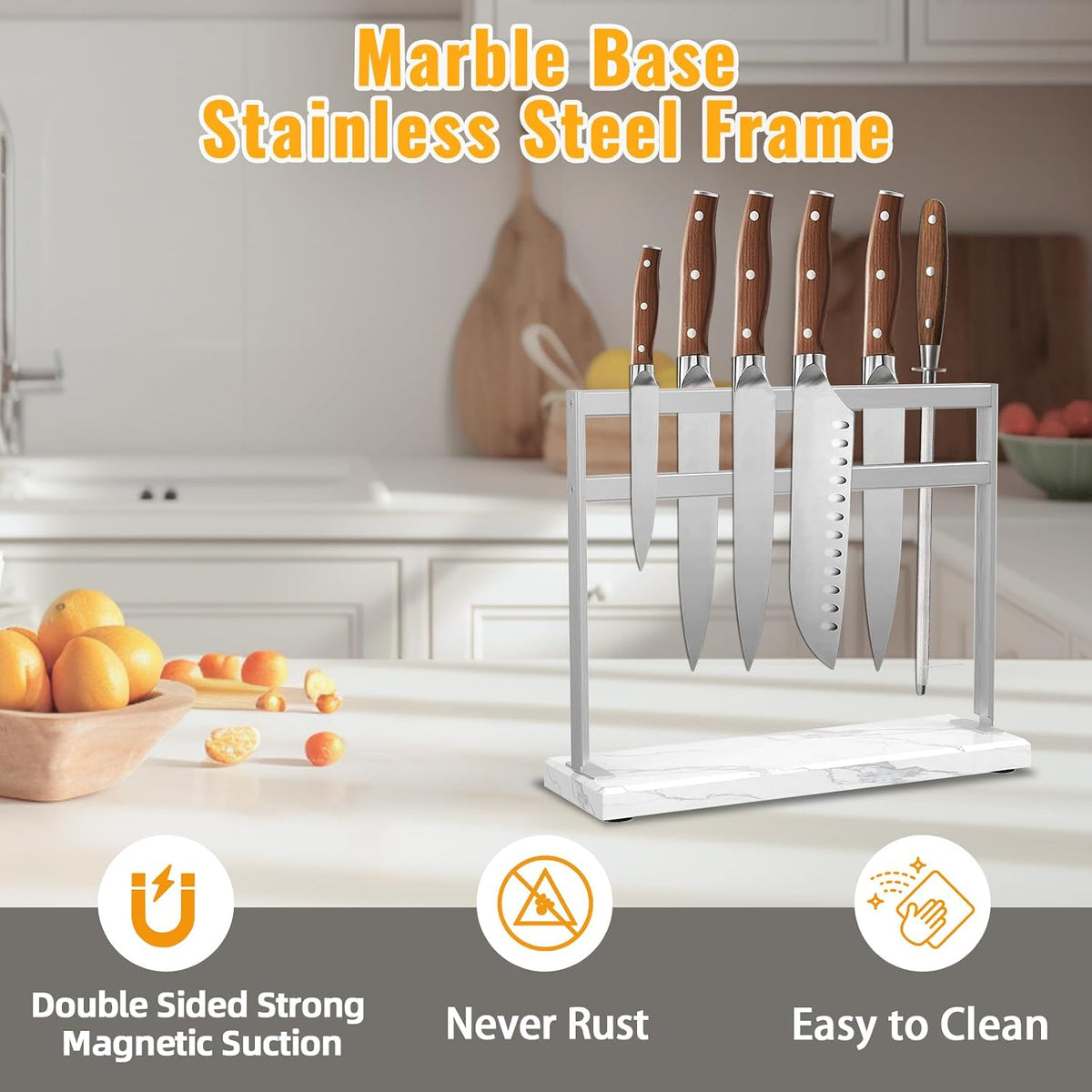 Marble Base Magnetic Knife Block without Knives, Stainless Steel Magnetic Knife Holder for Countertop, Double-sided Magnetic Knife Stand for Kitchen Knife Storage, 12 IN, Black