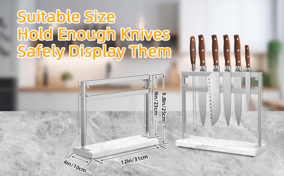 Marble Base Magnetic Knife Block without Knives, Stainless Steel Magnetic Knife Holder for Countertop, Double-sided Magnetic Knife Stand for Kitchen Knife Storage, 12 IN, Black