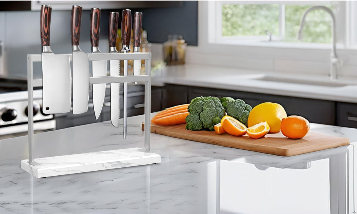Marble Base Magnetic Knife Block without Knives, Stainless Steel Magnetic Knife Holder for Countertop, Double-sided Magnetic Knife Stand for Kitchen Knife Storage, 12 IN, Black