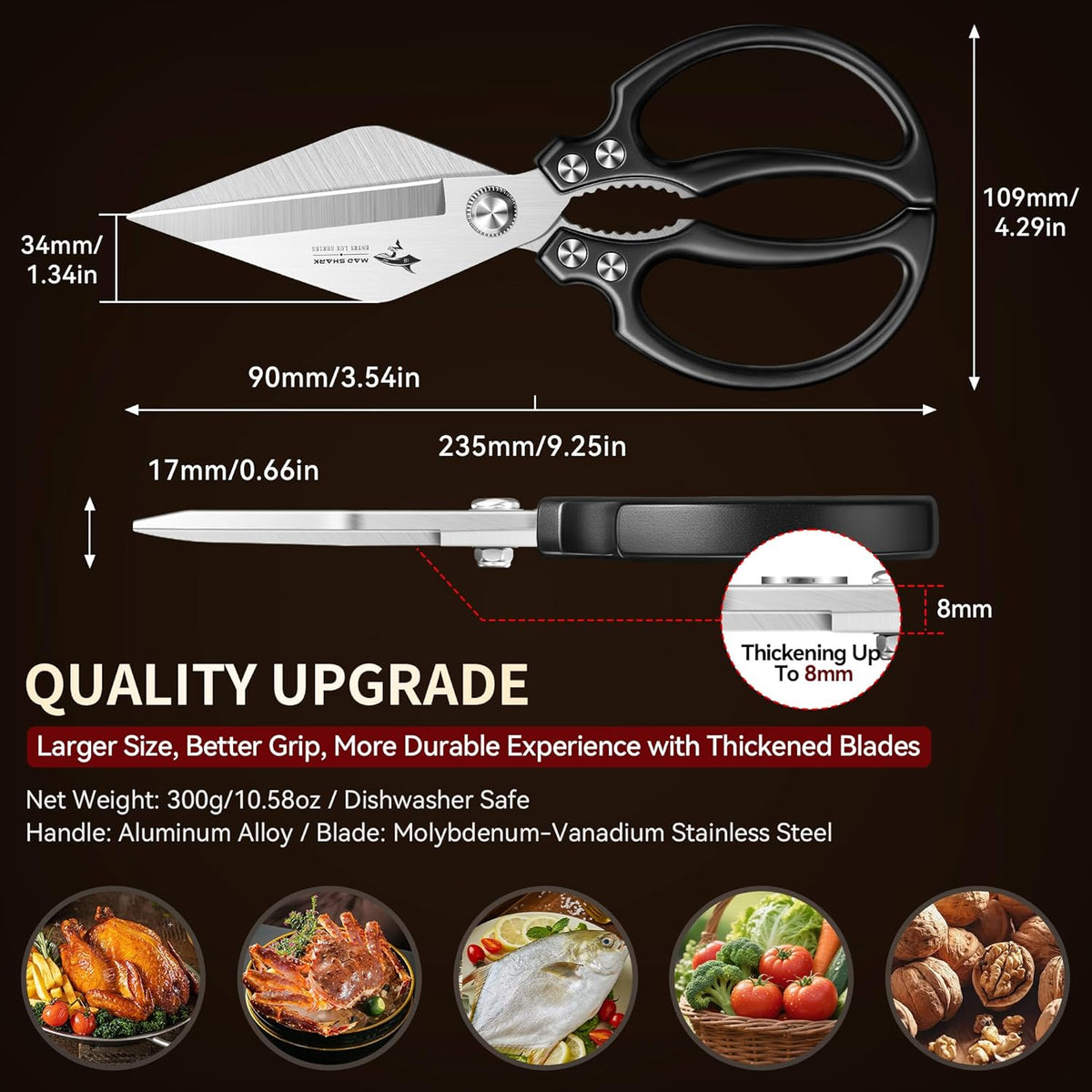 Heavy Duty Kitchen Shears, Sharp All Purpose Kitchen Scissors | 8mm German Steel Poultry Shears for Chicken, Meat, Turkey, Seafood & Vegetables, Dishwasher Safe, Ergonomic