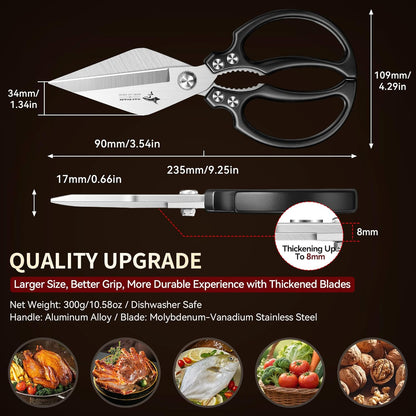 Heavy Duty Kitchen Shears, Sharp All Purpose Kitchen Scissors | 8mm German Steel Poultry Shears for Chicken, Meat, Turkey, Seafood & Vegetables, Dishwasher Safe, Ergonomic