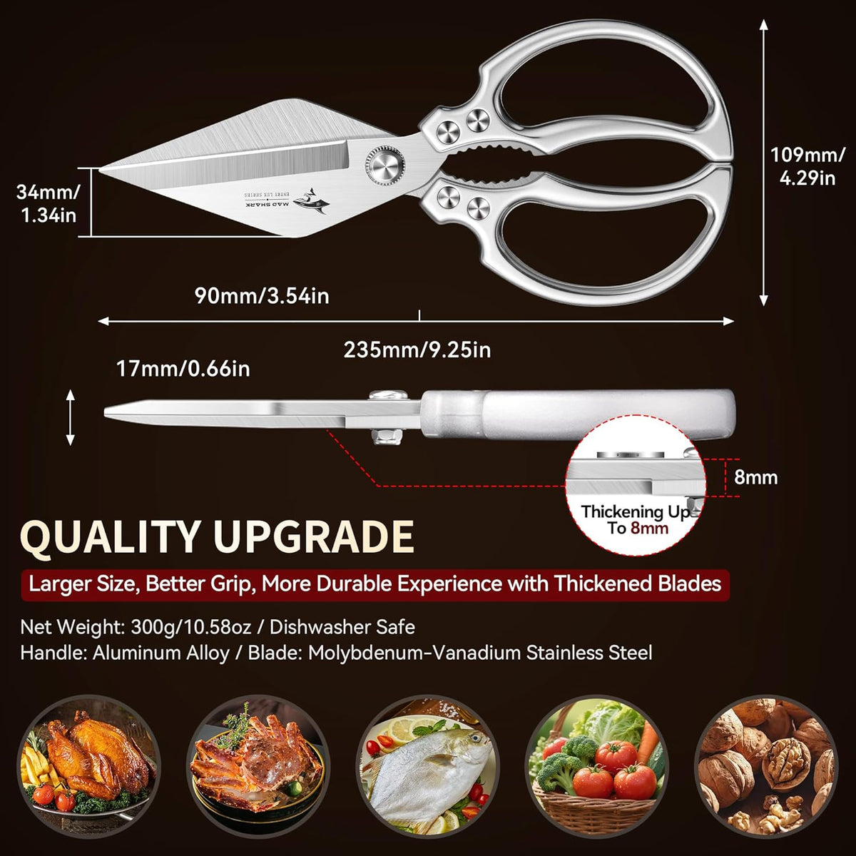 Heavy Duty Kitchen Shears, Sharp All Purpose Kitchen Scissors | 8mm German Steel Poultry Shears for Chicken, Meat, Turkey, Seafood & Vegetables, Dishwasher Safe, Ergonomic
