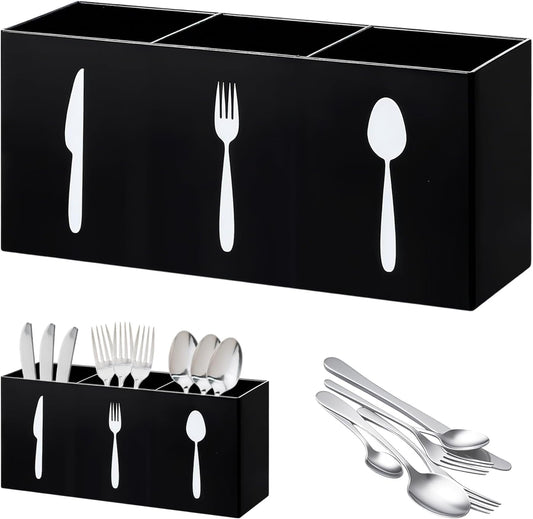 Black Utensil Holder for Kitchen Counter Cabinet, 3 Compartments Flatware Caddy for Knife Spoon Fork, Plastic Silverware Organizer Pen Holder for Desk