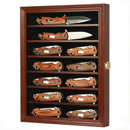 DisplayGifts Pocket Knife Display Case Stand Military Folding Knives Display Frame Shadow Box for Hunting Knives Collectibles with 98% UV Protection Lockable (Black Finish)