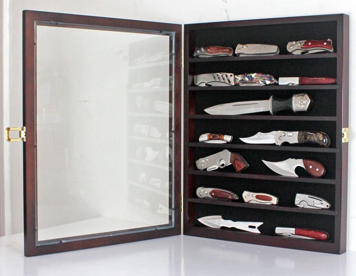 DisplayGifts Pocket Knife Display Case Stand Military Folding Knives Display Frame Shadow Box for Hunting Knives Collectibles with 98% UV Protection Lockable (Black Finish)