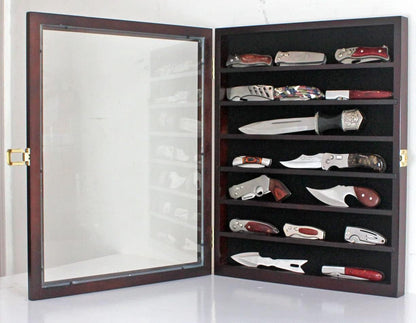 DisplayGifts Pocket Knife Display Case Stand Military Folding Knives Display Frame Shadow Box for Hunting Knives Collectibles with 98% UV Protection Lockable (Black Finish)