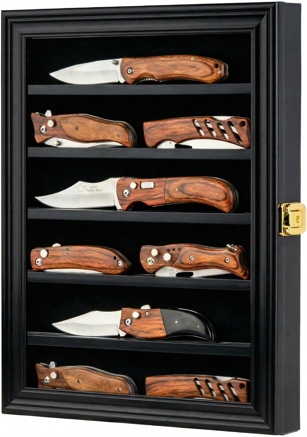 DisplayGifts Pocket Knife Display Case Stand Military Folding Knives Display Frame Shadow Box for Hunting Knives Collectibles with 98% UV Protection Lockable (Black Finish)
