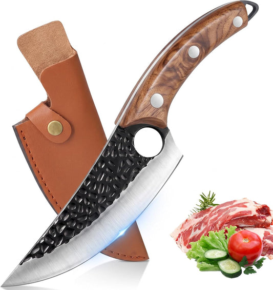 7" Chef Knife, Hand Forged Butcher Knives with Sheath, High Carbon Steel Japanese Knife Meat Cleaver Knife for Kitchen Meat Cutting, Viking Style Knives for Camping, Hunting, BBQ, Gifts for Men