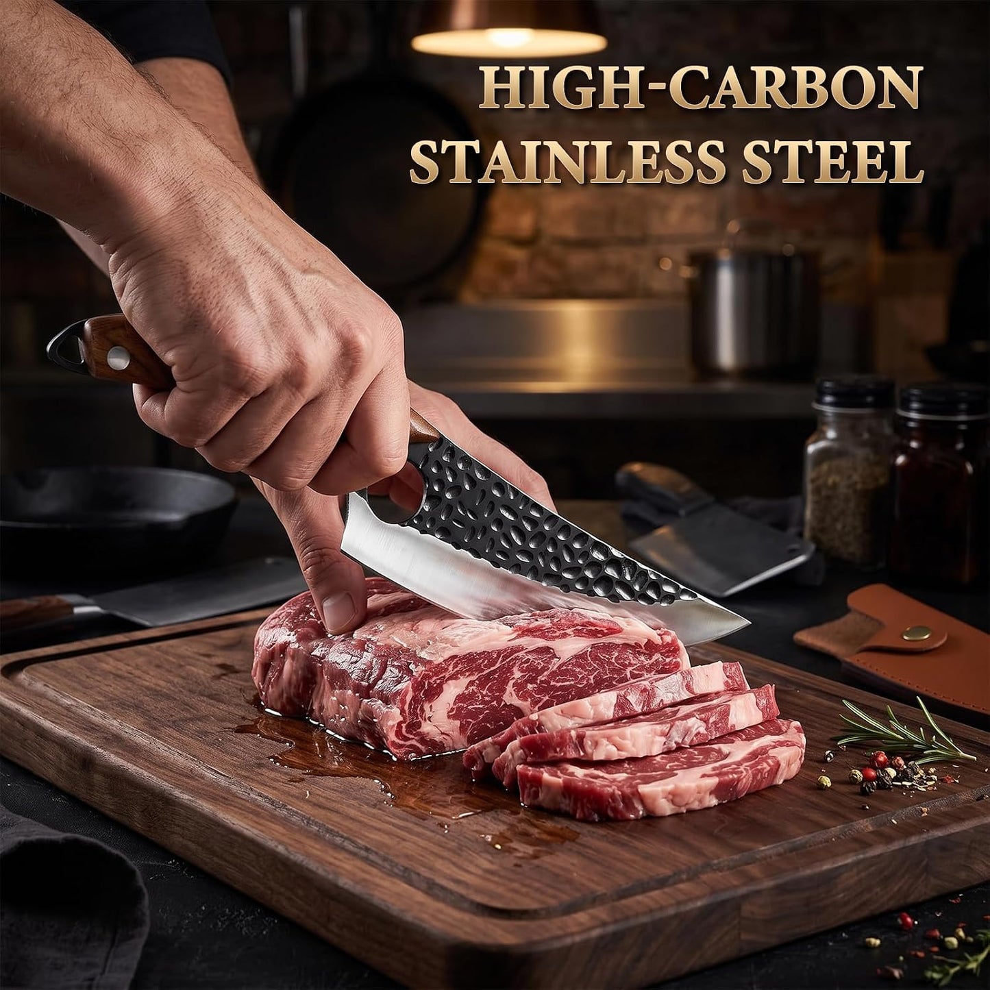 7" Chef Knife, Hand Forged Butcher Knives with Sheath, High Carbon Steel Japanese Knife Meat Cleaver Knife for Kitchen Meat Cutting, Viking Style Knives for Camping, Hunting, BBQ, Gifts for Men