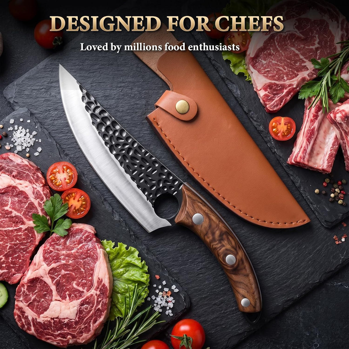 7" Chef Knife, Hand Forged Butcher Knives with Sheath, High Carbon Steel Japanese Knife Meat Cleaver Knife for Kitchen Meat Cutting, Viking Style Knives for Camping, Hunting, BBQ, Gifts for Men