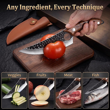 7" Chef Knife, Hand Forged Butcher Knives with Sheath, High Carbon Steel Japanese Knife Meat Cleaver Knife for Kitchen Meat Cutting, Viking Style Knives for Camping, Hunting, BBQ, Gifts for Men