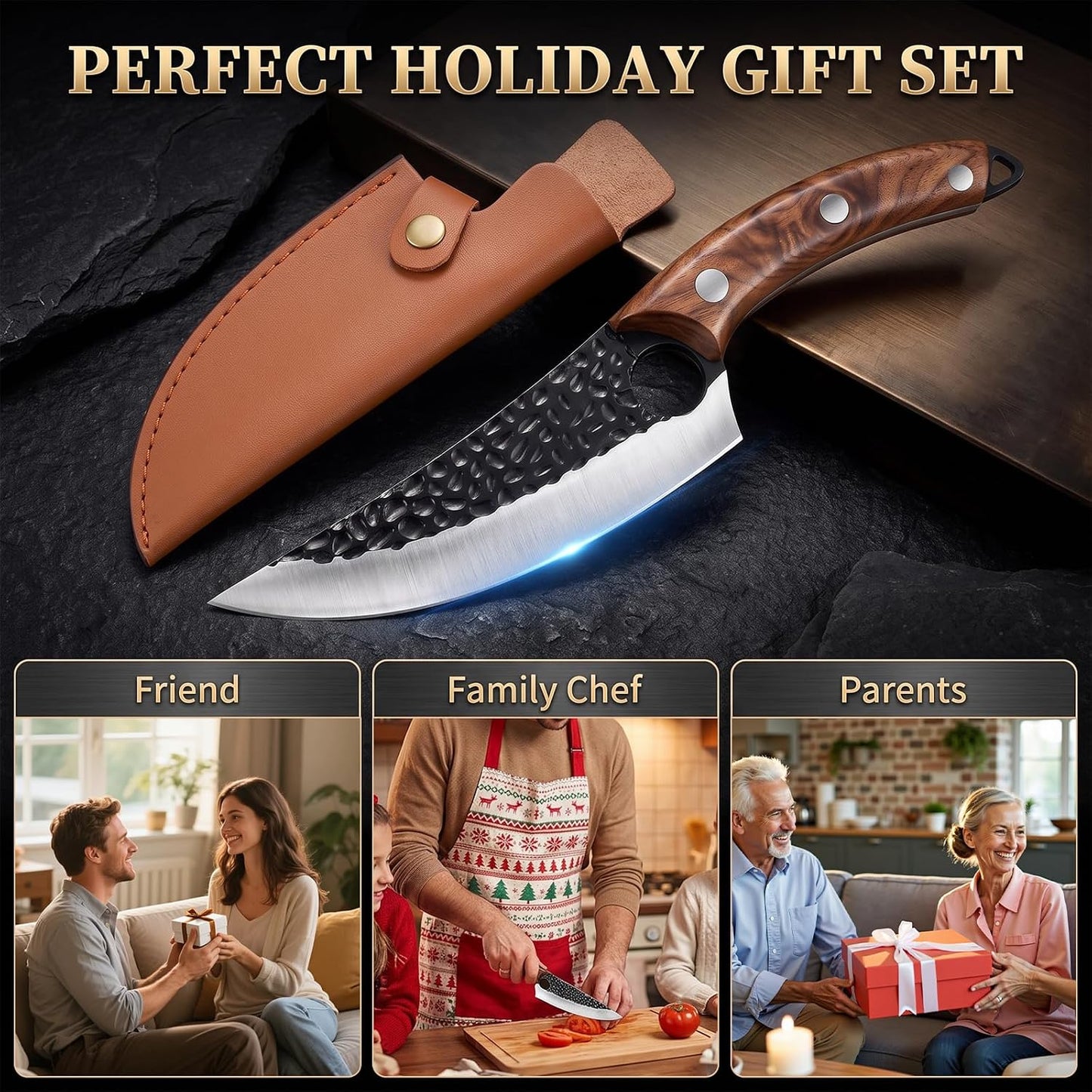 7" Chef Knife, Hand Forged Butcher Knives with Sheath, High Carbon Steel Japanese Knife Meat Cleaver Knife for Kitchen Meat Cutting, Viking Style Knives for Camping, Hunting, BBQ, Gifts for Men