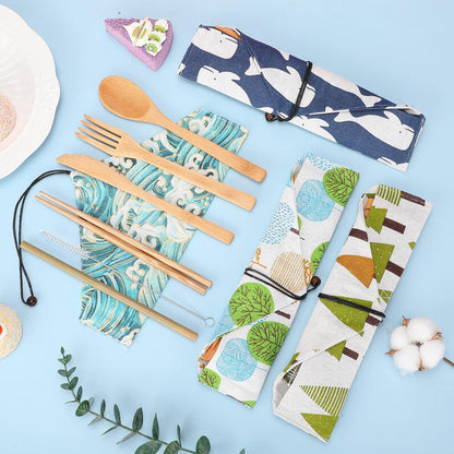 4 Sets Bamboo Utensils Wooden Utensils Set Reusable Cutlery Travel Chopsticks Fork Spoon Straw Portable Utensil Case for Travel Hiking Picnic Camping Cooking Office Kitchen (Natural Style)