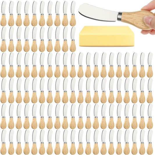 100 Pcs Cheese Butter Spreader Knife Stainless Steel Butter Knife with Wooden Handle for Jam, Sandwiches, Dips and Charcuterie Kitchen Gadgets Bulk