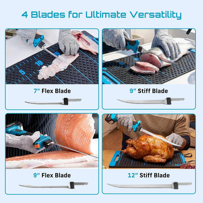 Cordless Electric Fillet Knife with 4 Blades, 100 Mins High Speed Filet Knife for Fish, Ergonomic Non-Slip Grip, Safty Lock, Carry Bag Kit for Filleting and Meat Slicing