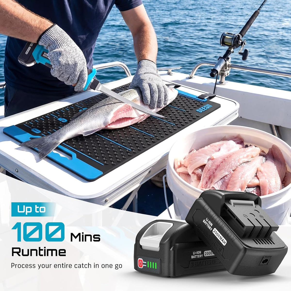Cordless Electric Fillet Knife with 4 Blades, 100 Mins High Speed Filet Knife for Fish, Ergonomic Non-Slip Grip, Safty Lock, Carry Bag Kit for Filleting and Meat Slicing